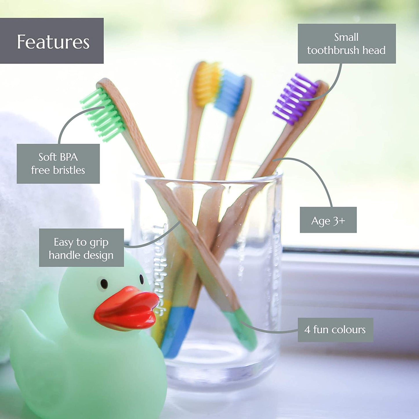 Children's toothbrush made of organic bamboo, with soft and biodegradable fibers. Product with 10 units