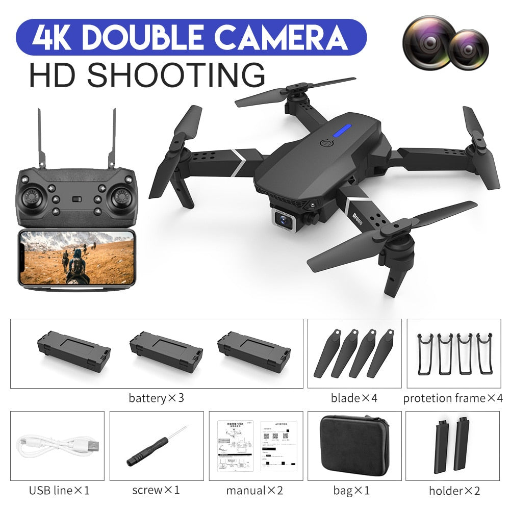 Novo Drone RC E88Pro 4K Profissional com Câmera HD de Ângulo Amplo