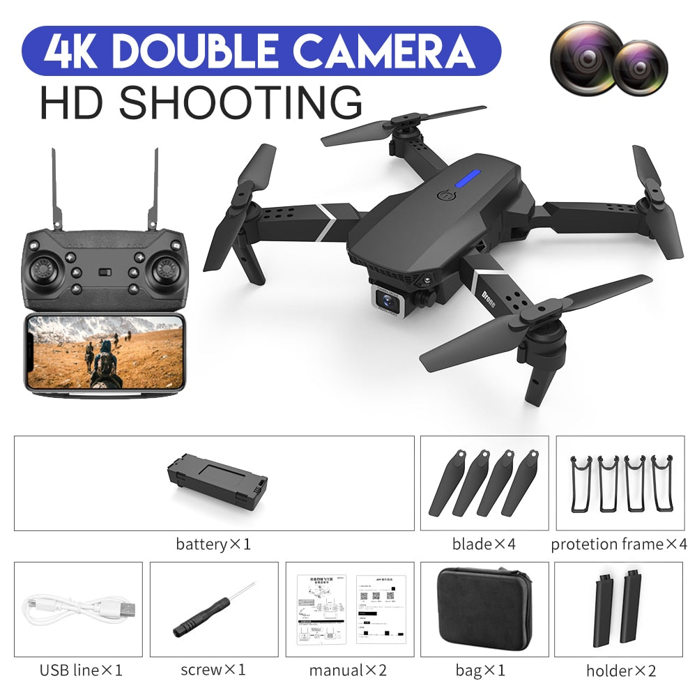 Novo Drone RC E88Pro 4K Profissional com Câmera HD de Ângulo Amplo