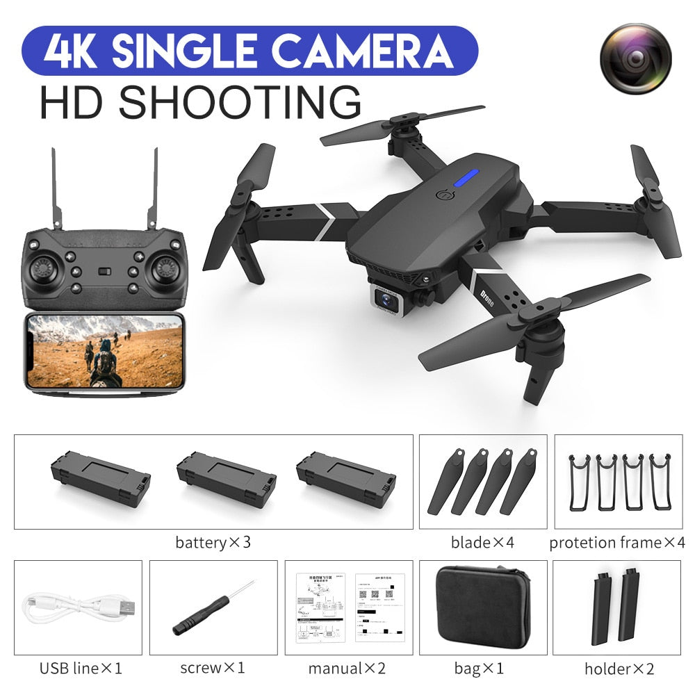 Novo Drone RC E88Pro 4K Profissional com Câmera HD de Ângulo Amplo