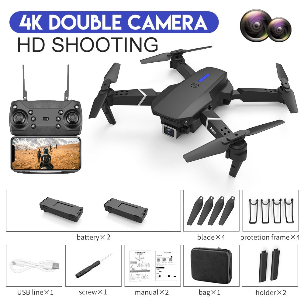 Novo Drone RC E88Pro 4K Profissional com Câmera HD de Ângulo Amplo